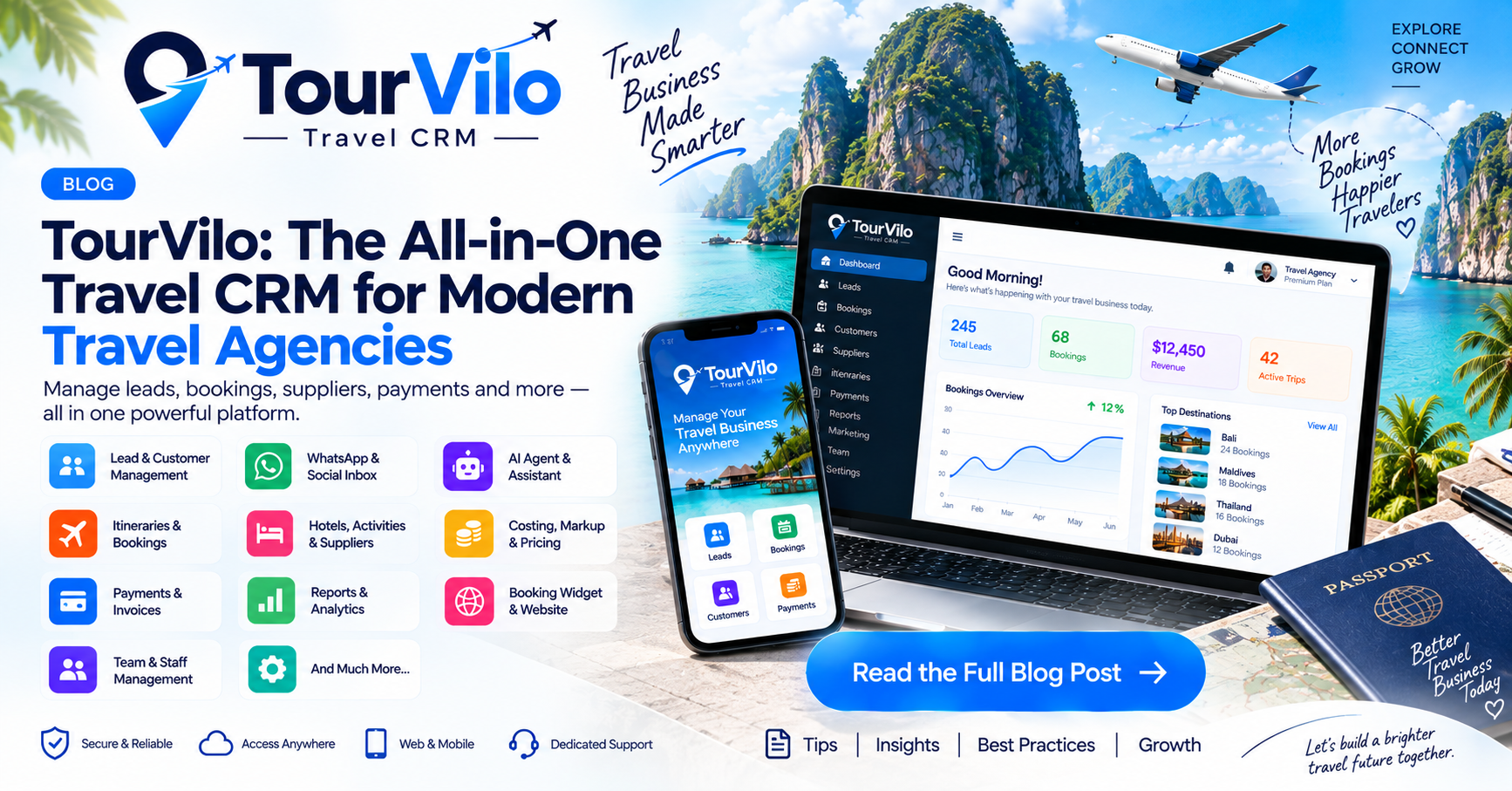 Manage leads, bookings, suppliers, itineraries, pricing, payments, WhatsApp and more with TourVilo, an all-in-one CRM built for travel agencies.